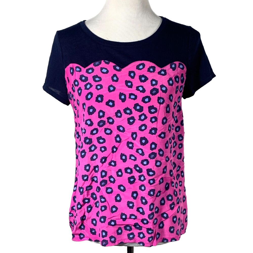 Lilly Pulitzer Emma Scalloped Silk Front Top Size M Navy Pink Leopard Y2K